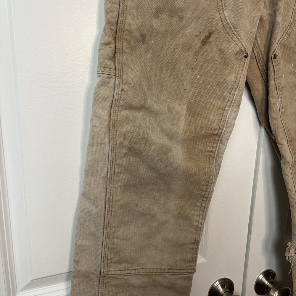 Vintage Carhartt Original Dungaree Fit Pants Mens Tan Flannel Lined Distressed - Picture 4 of 15